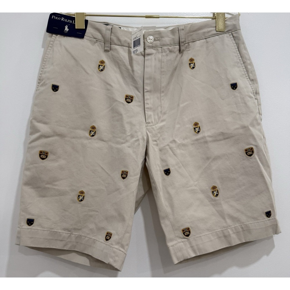 NWT Polo Ralph Lauren All Over Embroidered Crest Crown Beige Shorts Men's Sz 35